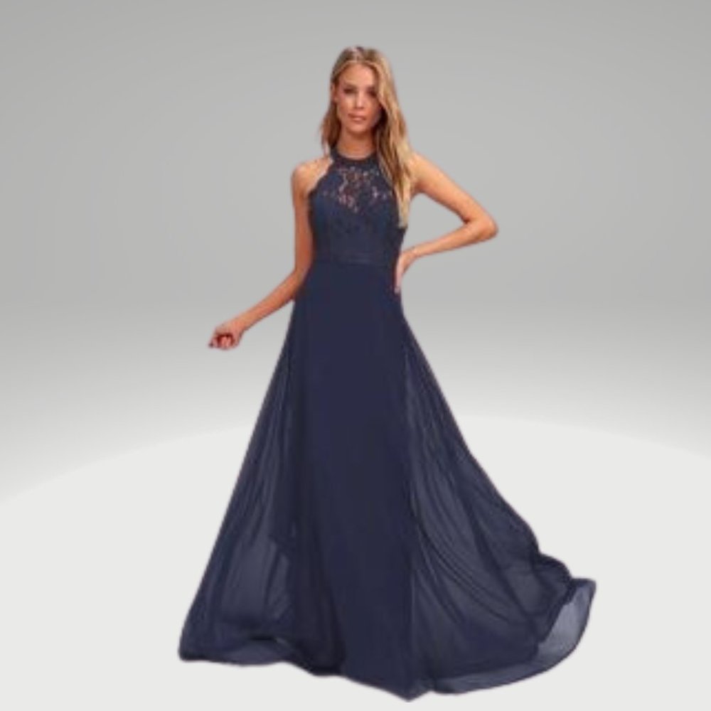 Lulu's Dance All Evening  Navy Blue Lace Maxi Dress Size S